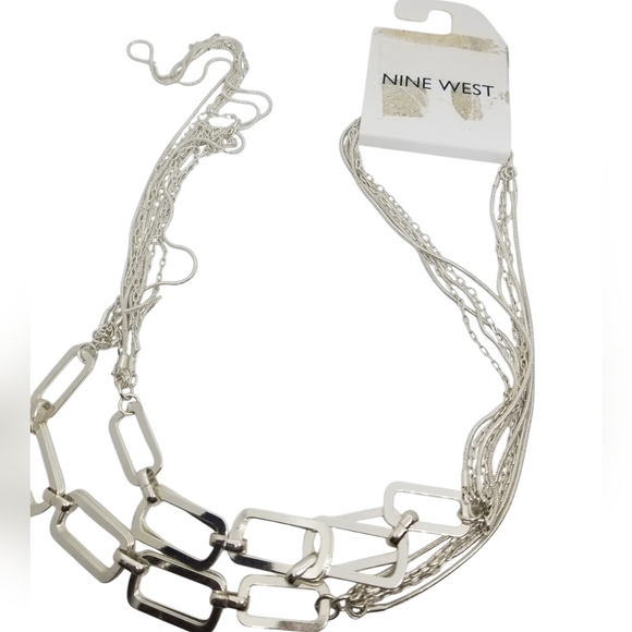 NINE WEST NWT SILVERTONE LAYERED SNAKE CHAIN & OPEN RECTANGLE ACCENTS NECKLACE - Picture 2 of 6